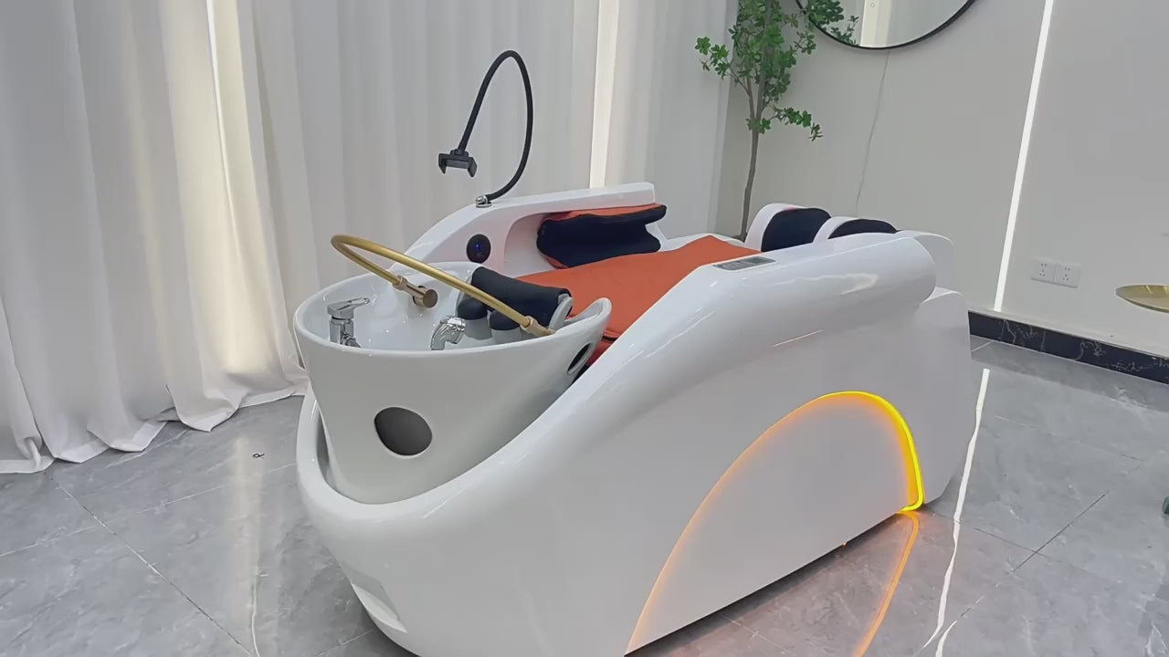 Load video: Electric Massage Shampoo Bed Function Demo Video - Showcases ergonomic design, high-quality material, and structural stability for professional salon use.